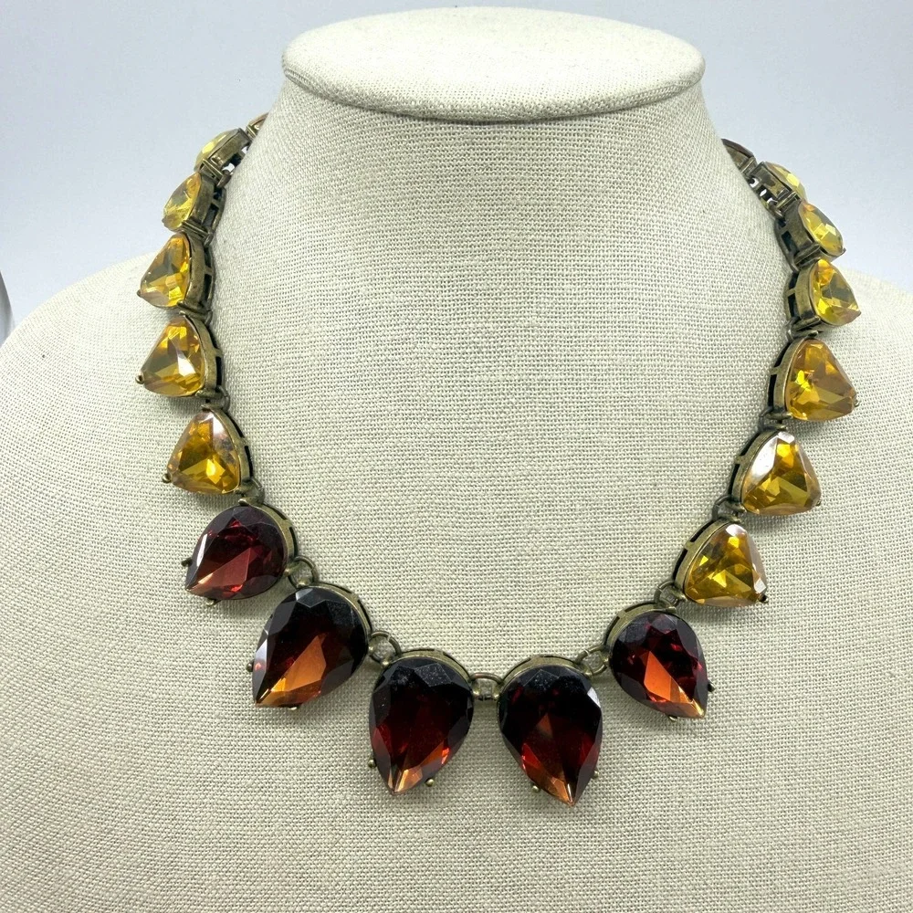Amber & Gold Tone Red Facet Teardrop Acrylic Antiqued Chunky Statement Necklace